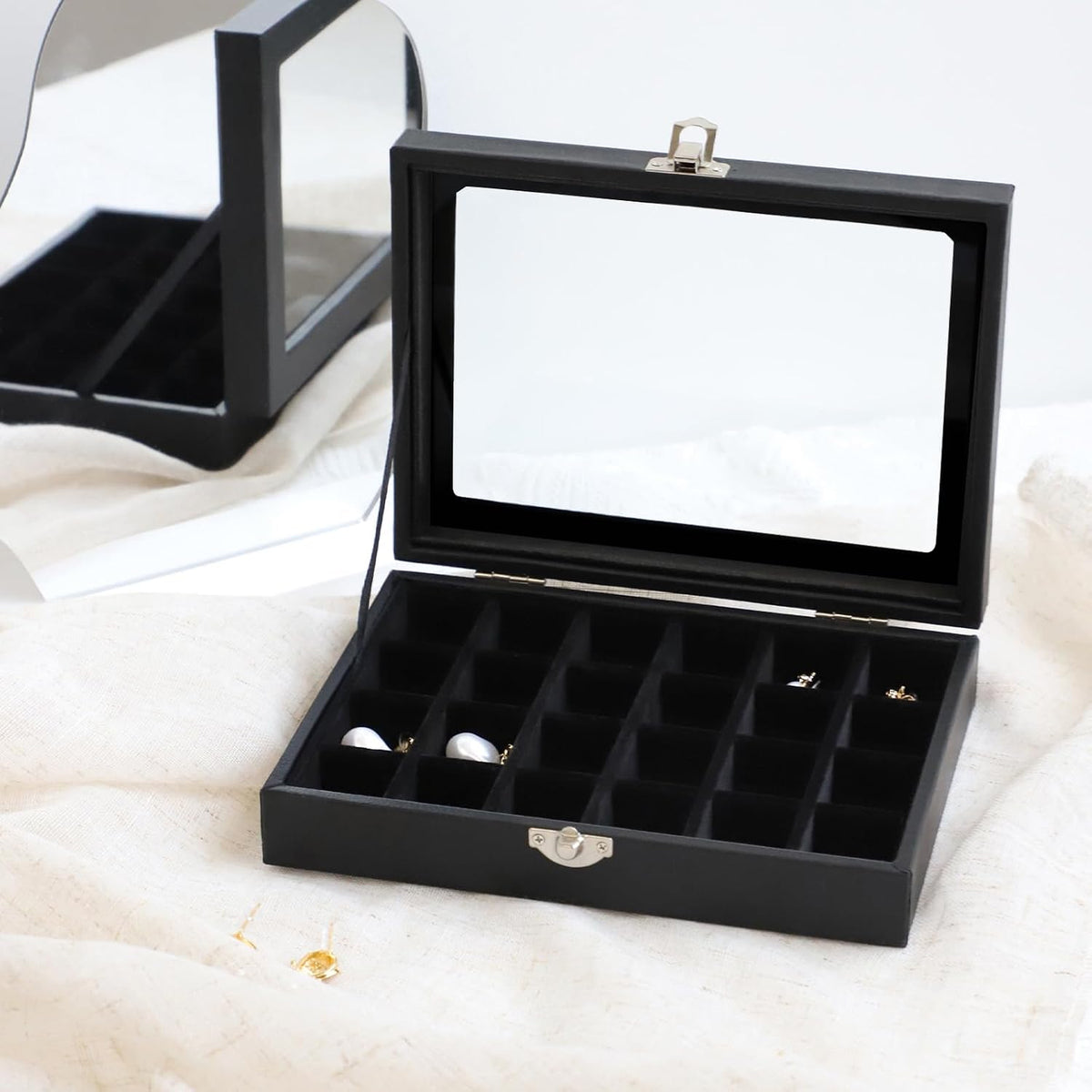 Small Jewelry Organizer 24 Grid Jewelry Box with Clear Lid Velvet Ring Holder Earring Organizer Jewelry Tray for Drawer Jewelry Display Case for Women Gift (Pink)