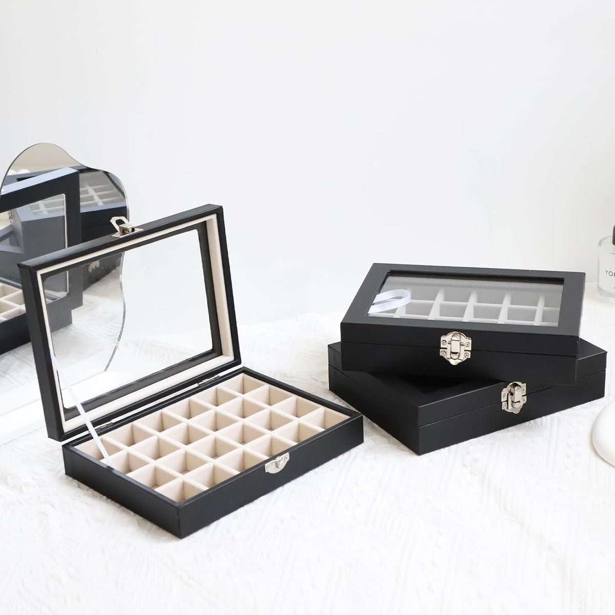 Small Jewelry Organizer 24 Grid Jewelry Box with Clear Lid Velvet Ring Holder Earring Organizer Jewelry Tray for Drawer Jewelry Display Case for Women Gift (Pink)