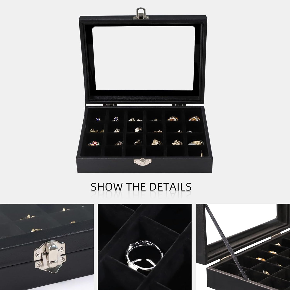 Small Jewelry Organizer 24 Grid Jewelry Box with Clear Lid Velvet Ring Holder Earring Organizer Jewelry Tray for Drawer Jewelry Display Case for Women Gift (Pink)