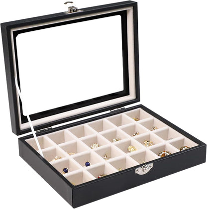 Small Jewelry Organizer 24 Grid Jewelry Box with Clear Lid Velvet Ring Holder Earring Organizer Jewelry Tray for Drawer Jewelry Display Case for Women Gift (Pink)
