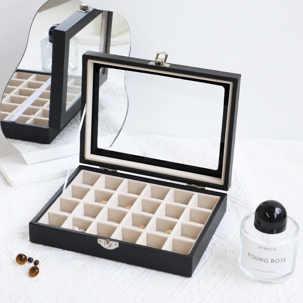 Small Jewelry Organizer 24 Grid Jewelry Box with Clear Lid Velvet Ring Holder Earring Organizer Jewelry Tray for Drawer Jewelry Display Case for Women Gift (Pink)