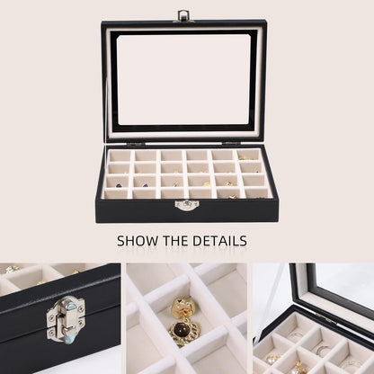 Small Jewelry Organizer 24 Grid Jewelry Box with Clear Lid Velvet Ring Holder Earring Organizer Jewelry Tray for Drawer Jewelry Display Case for Women Gift (Pink)