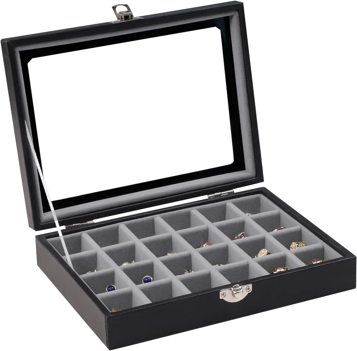 Small Jewelry Organizer 24 Grid Jewelry Box with Clear Lid Velvet Ring Holder Earring Organizer Jewelry Tray for Drawer Jewelry Display Case for Women Gift (Pink)