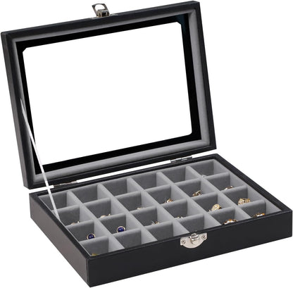 Small Jewelry Organizer 24 Grid Jewelry Box with Clear Lid Velvet Ring Holder Earring Organizer Jewelry Tray for Drawer Jewelry Display Case for Women Gift (Pink)