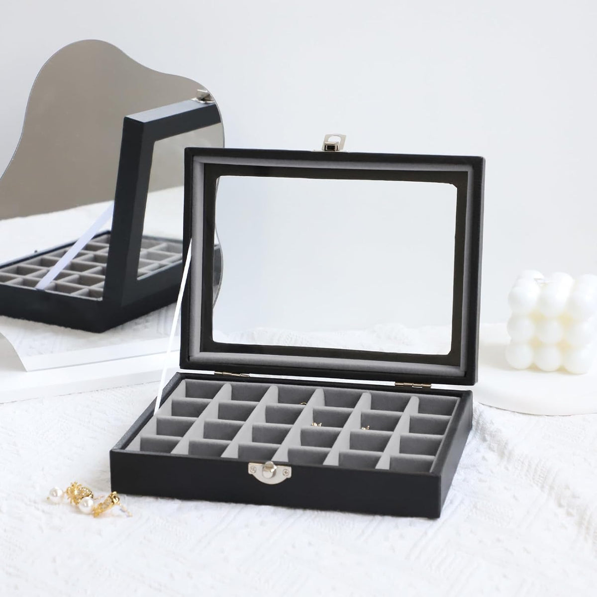 Small Jewelry Organizer 24 Grid Jewelry Box with Clear Lid Velvet Ring Holder Earring Organizer Jewelry Tray for Drawer Jewelry Display Case for Women Gift (Pink)
