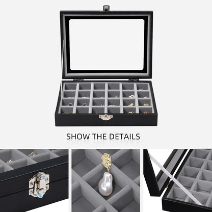 Small Jewelry Organizer 24 Grid Jewelry Box with Clear Lid Velvet Ring Holder Earring Organizer Jewelry Tray for Drawer Jewelry Display Case for Women Gift (Pink)