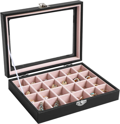 Small Jewelry Organizer 24 Grid Jewelry Box with Clear Lid Velvet Ring Holder Earring Organizer Jewelry Tray for Drawer Jewelry Display Case for Women Gift (Pink)