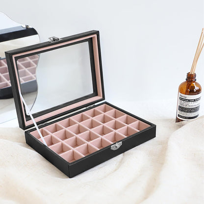 Small Jewelry Organizer 24 Grid Jewelry Box with Clear Lid Velvet Ring Holder Earring Organizer Jewelry Tray for Drawer Jewelry Display Case for Women Gift (Pink)