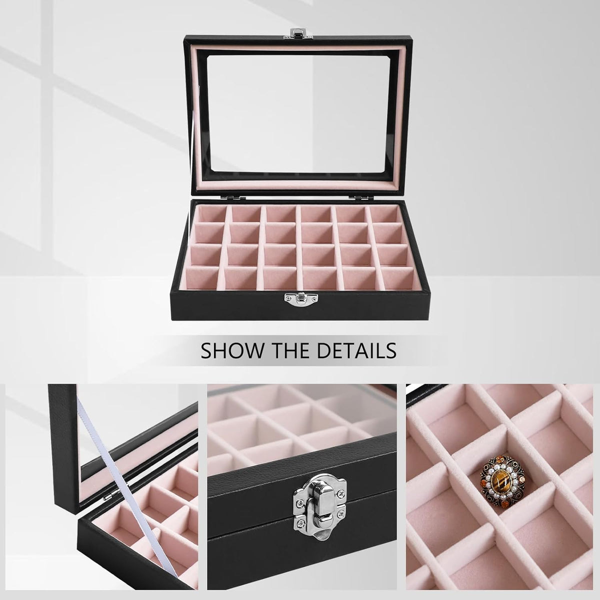 Small Jewelry Organizer 24 Grid Jewelry Box with Clear Lid Velvet Ring Holder Earring Organizer Jewelry Tray for Drawer Jewelry Display Case for Women Gift (Pink)