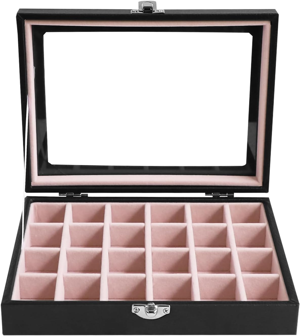Small Jewelry Organizer 24 Grid Jewelry Box with Clear Lid Velvet Ring Holder Earring Organizer Jewelry Tray for Drawer Jewelry Display Case for Women Gift (Pink)
