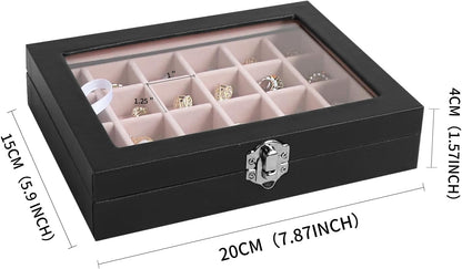 Small Jewelry Organizer 24 Grid Jewelry Box with Clear Lid Velvet Ring Holder Earring Organizer Jewelry Tray for Drawer Jewelry Display Case for Women Gift (Pink)