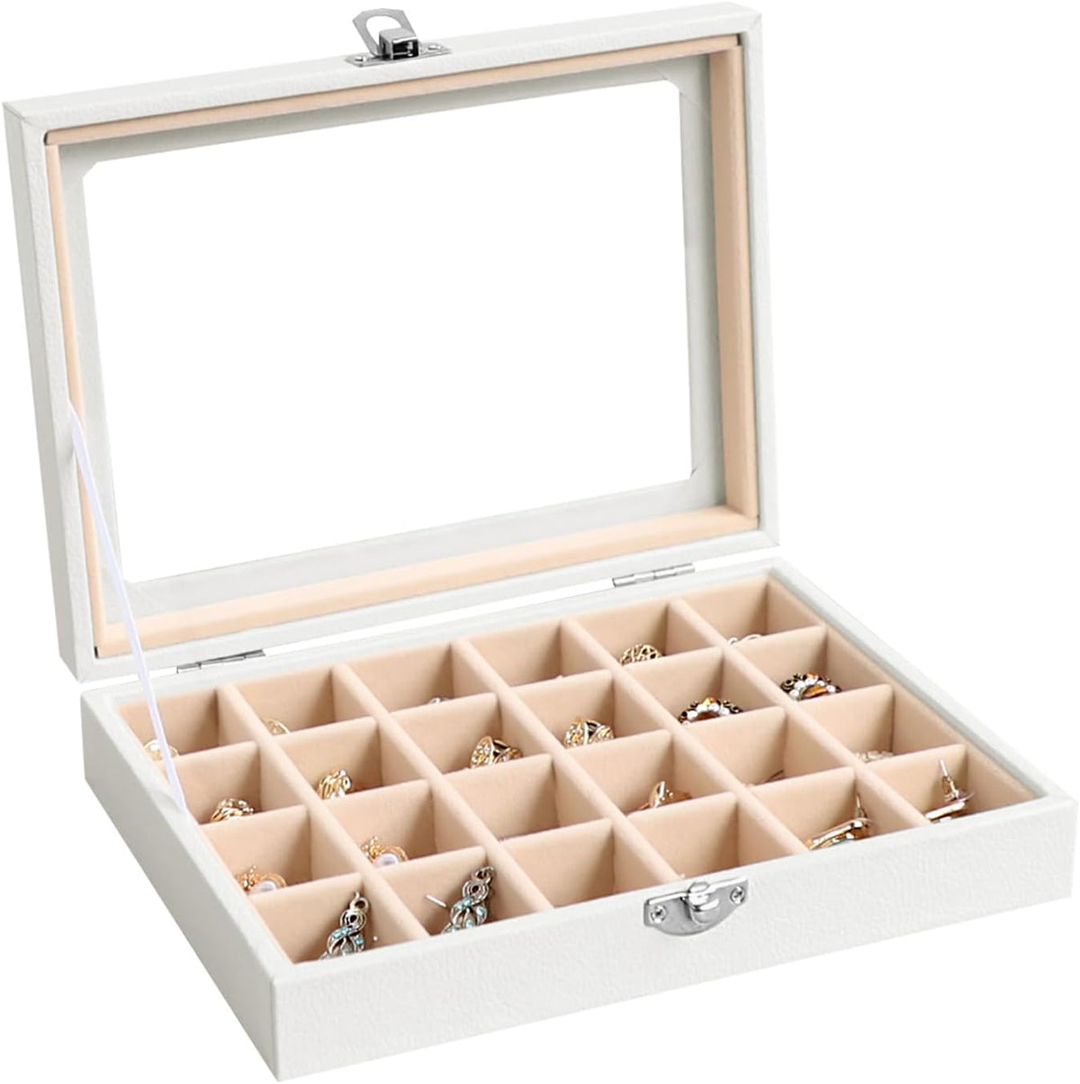 Small Jewelry Organizer 24 Grid Jewelry Box with Clear Lid Velvet Ring Holder Earring Organizer Jewelry Tray for Drawer Jewelry Display Case for Women Gift (Pink)
