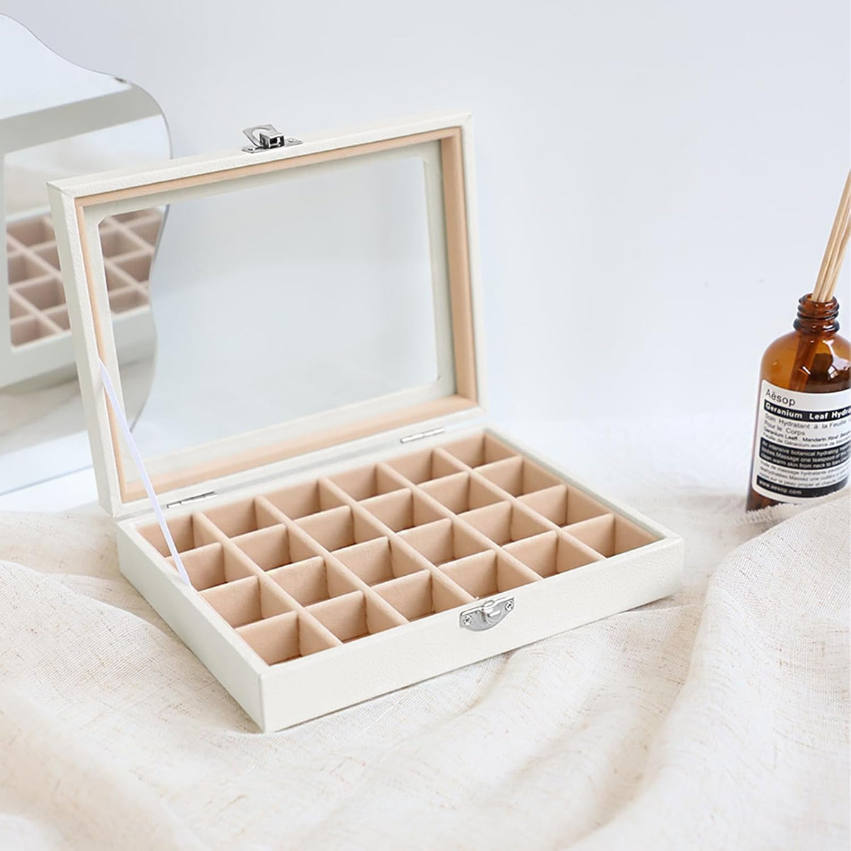 Small Jewelry Organizer 24 Grid Jewelry Box with Clear Lid Velvet Ring Holder Earring Organizer Jewelry Tray for Drawer Jewelry Display Case for Women Gift (Pink)