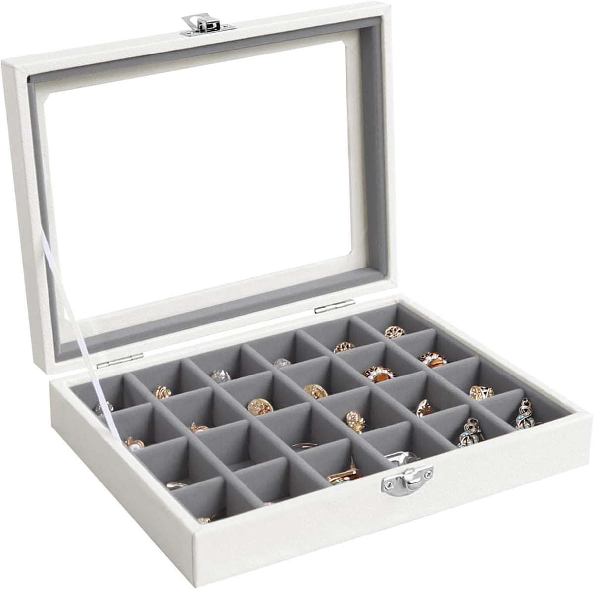 Small Jewelry Organizer 24 Grid Jewelry Box with Clear Lid Velvet Ring Holder Earring Organizer Jewelry Tray for Drawer Jewelry Display Case for Women Gift (Pink)
