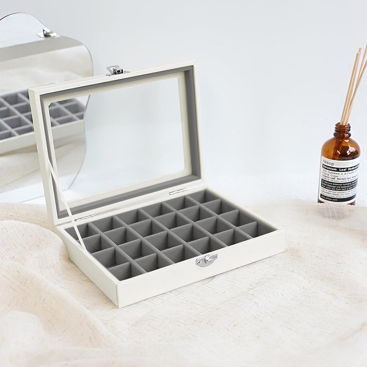 Small Jewelry Organizer 24 Grid Jewelry Box with Clear Lid Velvet Ring Holder Earring Organizer Jewelry Tray for Drawer Jewelry Display Case for Women Gift (Pink)
