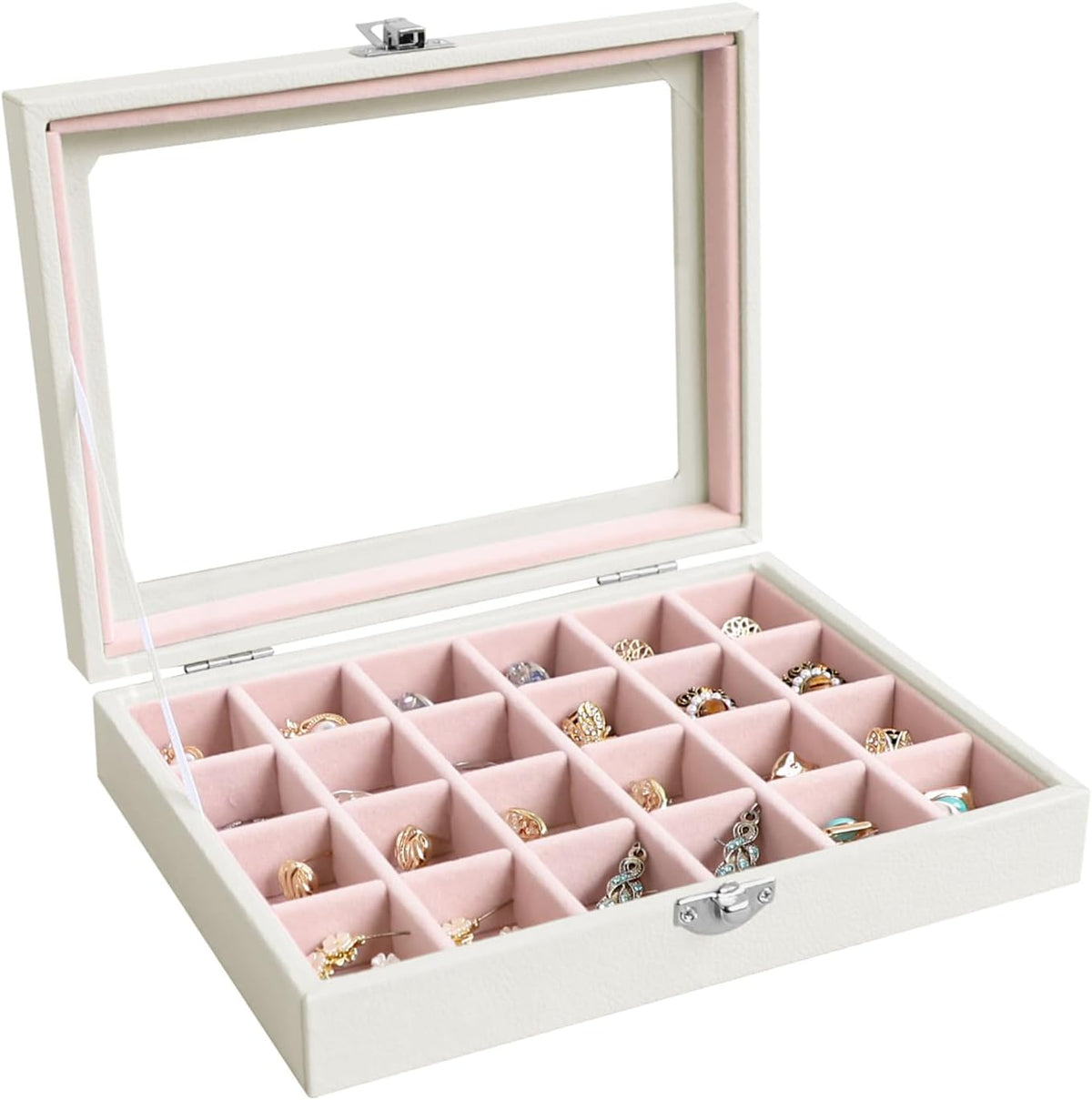 Small Jewelry Organizer 24 Grid Jewelry Box with Clear Lid Velvet Ring Holder Earring Organizer Jewelry Tray for Drawer Jewelry Display Case for Women Gift (Pink)