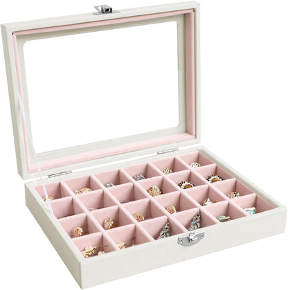Small Jewelry Organizer 24 Grid Jewelry Box with Clear Lid Velvet Ring Holder Earring Organizer Jewelry Tray for Drawer Jewelry Display Case for Women Gift (Pink)