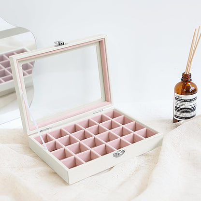 Small Jewelry Organizer 24 Grid Jewelry Box with Clear Lid Velvet Ring Holder Earring Organizer Jewelry Tray for Drawer Jewelry Display Case for Women Gift (Pink)