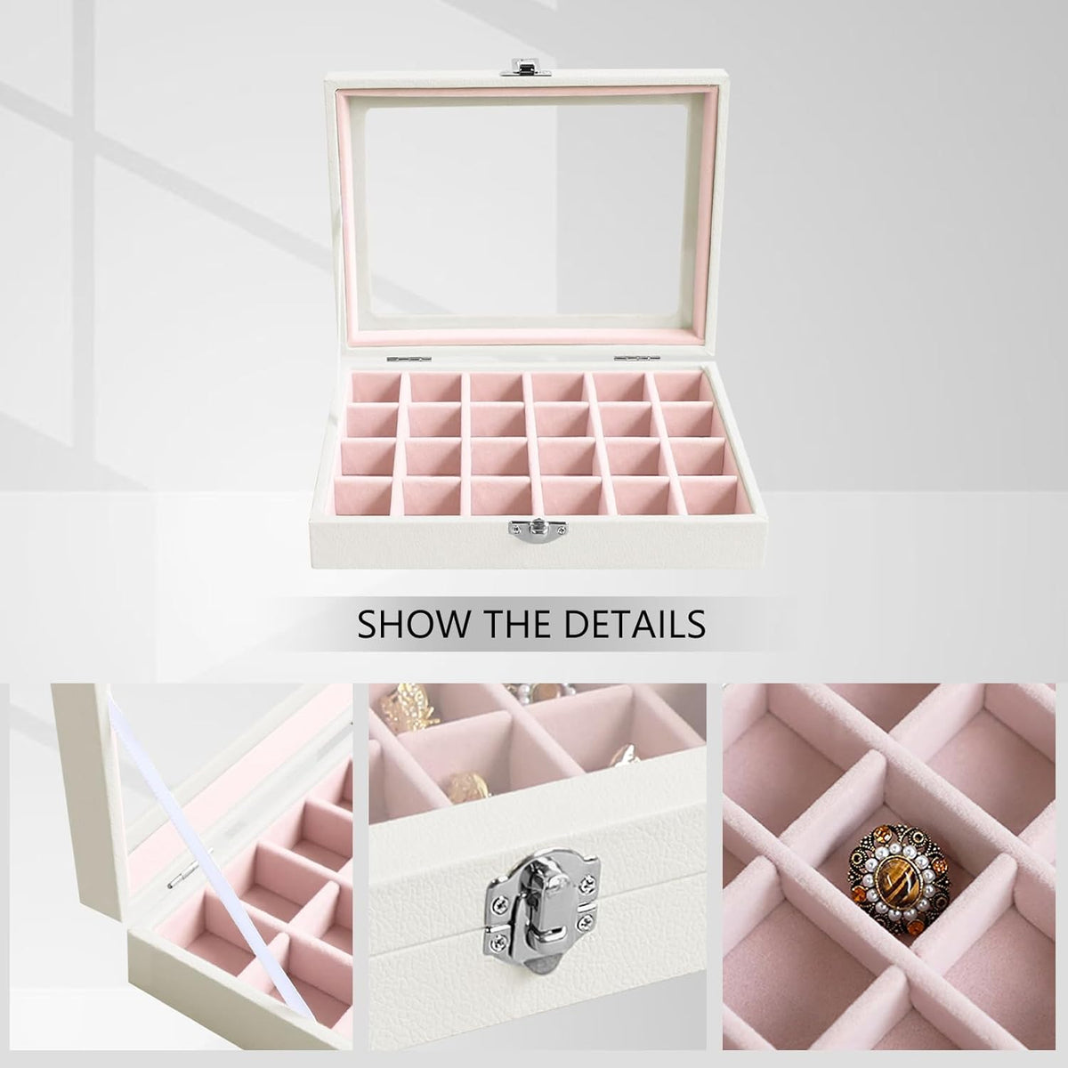 Small Jewelry Organizer 24 Grid Jewelry Box with Clear Lid Velvet Ring Holder Earring Organizer Jewelry Tray for Drawer Jewelry Display Case for Women Gift (Pink)