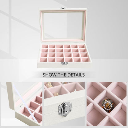 Small Jewelry Organizer 24 Grid Jewelry Box with Clear Lid Velvet Ring Holder Earring Organizer Jewelry Tray for Drawer Jewelry Display Case for Women Gift (Pink)