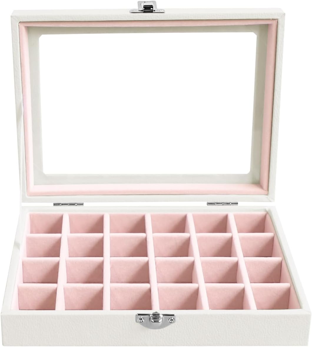 Small Jewelry Organizer 24 Grid Jewelry Box with Clear Lid Velvet Ring Holder Earring Organizer Jewelry Tray for Drawer Jewelry Display Case for Women Gift (Pink)