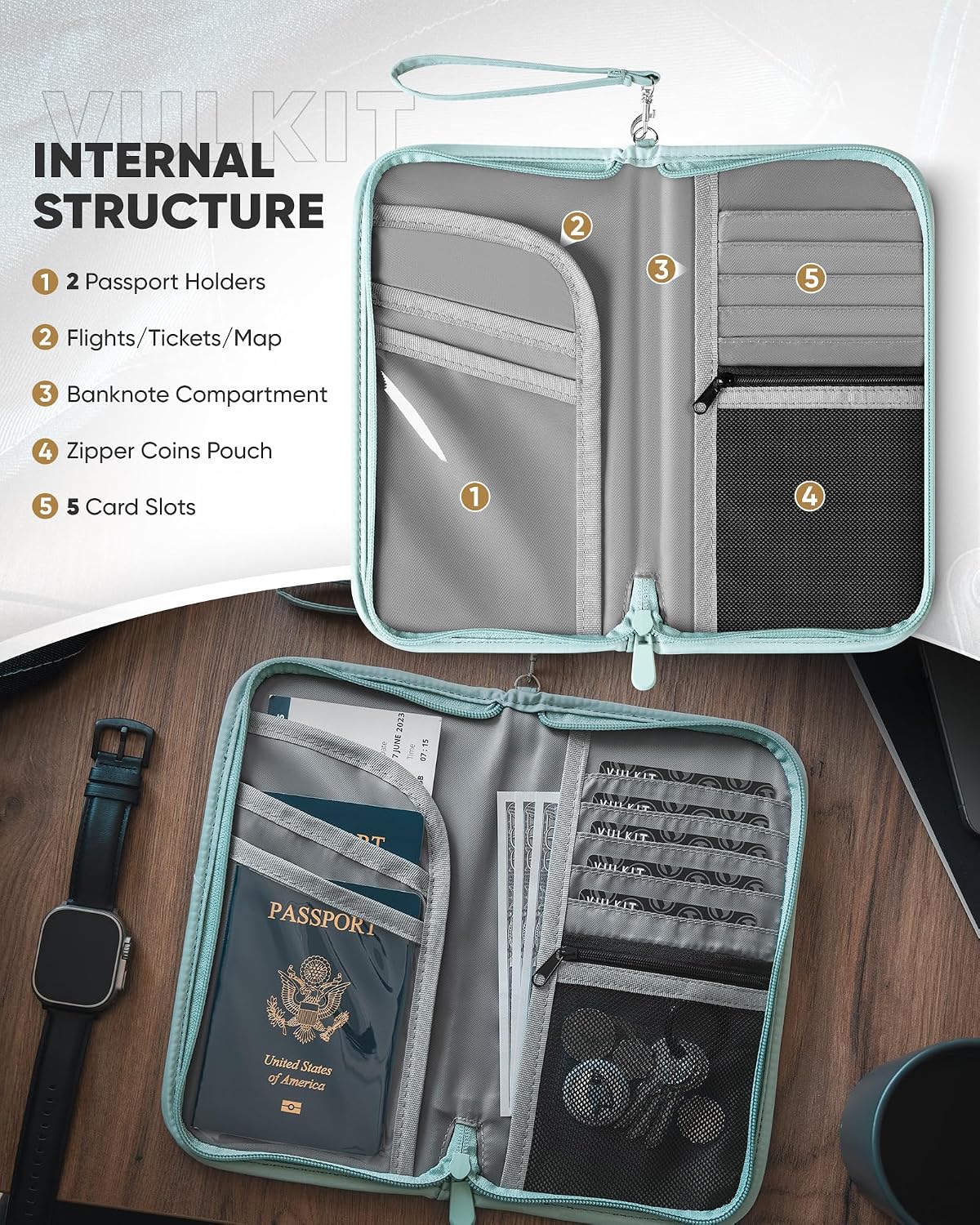 Passport Wallet Passport Family Holder RFID Blocking Travel Card Organizer with Wrist Strap for Men or Women(Grey)