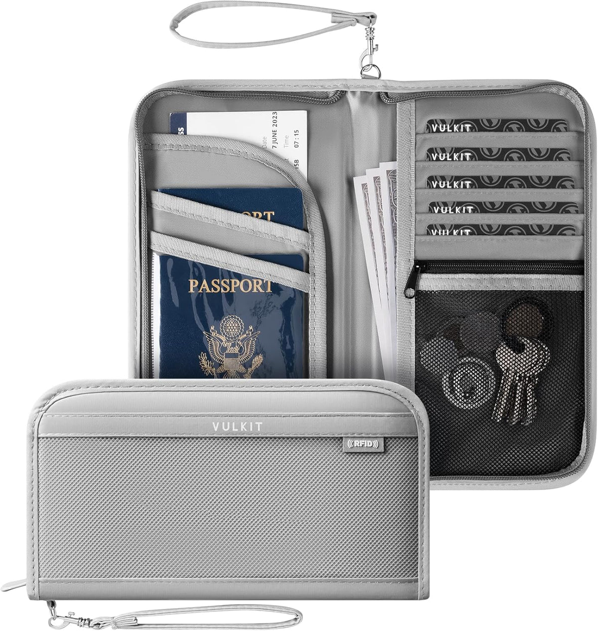 Passport Wallet Passport Family Holder RFID Blocking Travel Card Organizer with Wrist Strap for Men or Women(Grey)