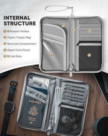 Passport Wallet Passport Family Holder RFID Blocking Travel Card Organizer with Wrist Strap for Men or Women(Grey)