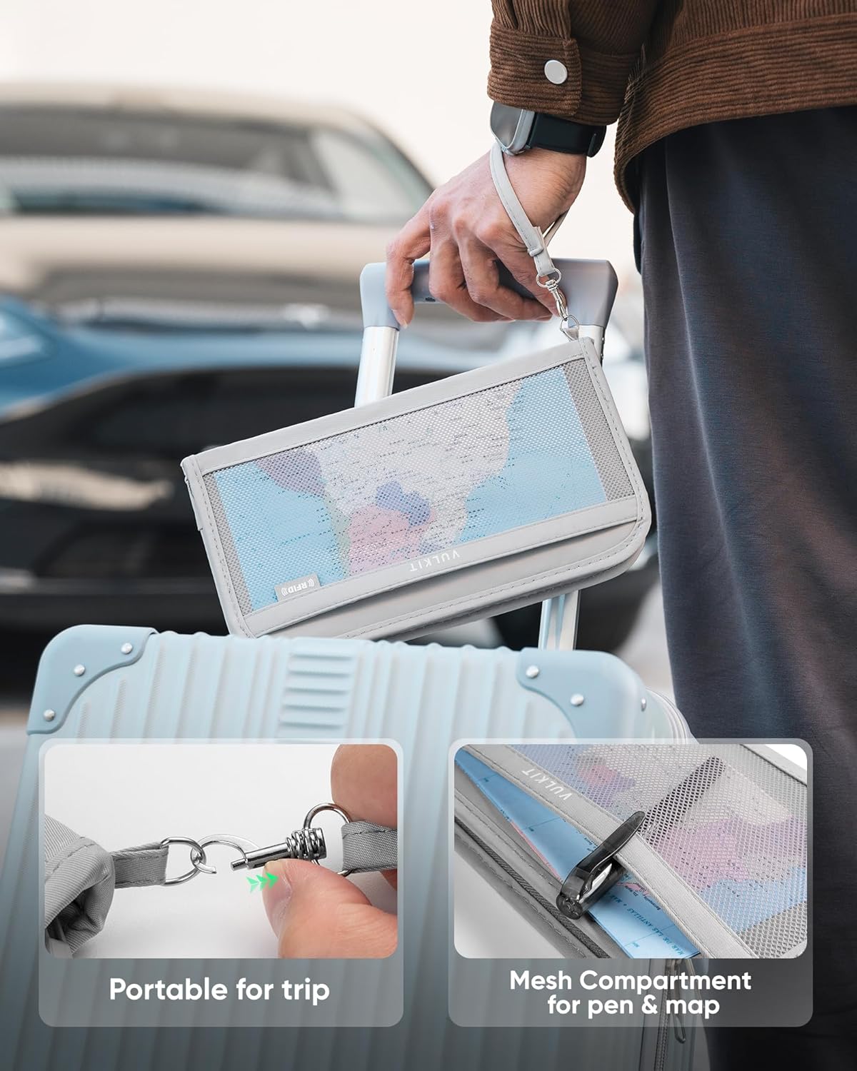 Passport Wallet Passport Family Holder RFID Blocking Travel Card Organizer with Wrist Strap for Men or Women(Grey)