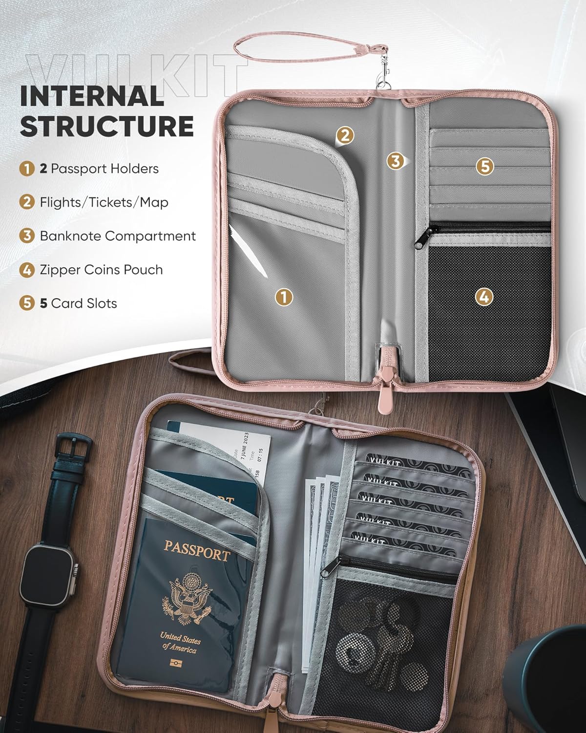Passport Wallet Passport Family Holder RFID Blocking Travel Card Organizer with Wrist Strap for Men or Women(Grey)
