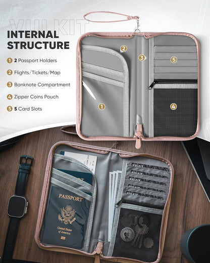 Passport Wallet Passport Family Holder RFID Blocking Travel Card Organizer with Wrist Strap for Men or Women(Grey)