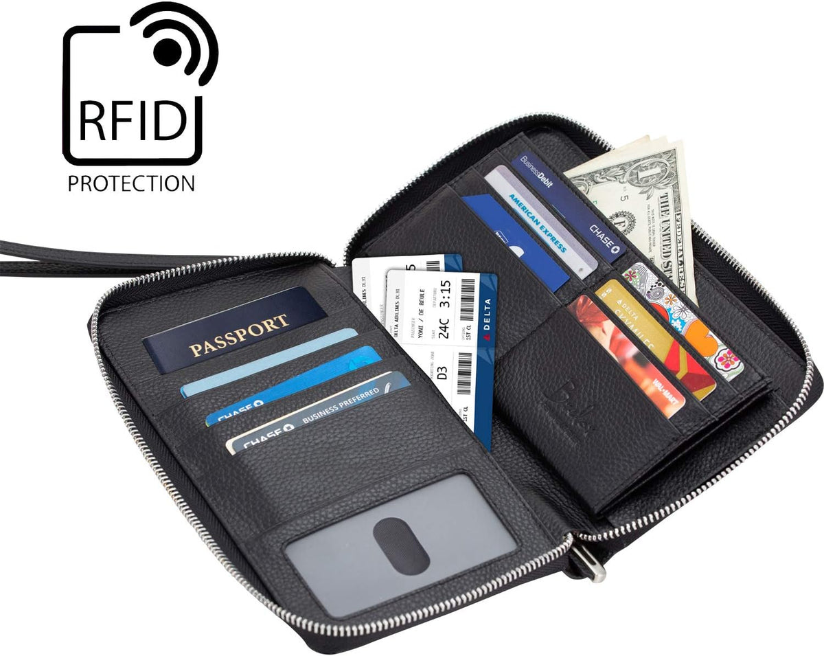 Family Passport Holder for 4, 5 & 6 Passports – Genuine Leather RFID Travel Wallet with Wristlet for Cards, Cash & IDs, Perfect Travel Gift for Women Men