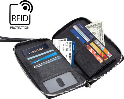 Family Passport Holder for 4, 5 & 6 Passports – Genuine Leather RFID Travel Wallet with Wristlet for Cards, Cash & IDs, Perfect Travel Gift for Women Men