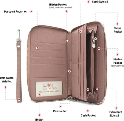 Family Passport Holder for 4, 5 & 6 Passports – Genuine Leather RFID Travel Wallet with Wristlet for Cards, Cash & IDs, Perfect Travel Gift for Women Men