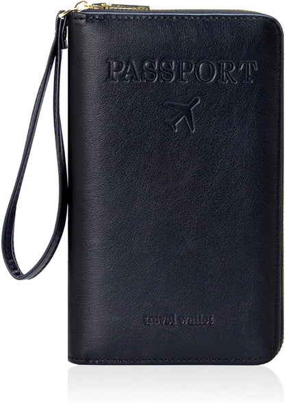 Leather Passport Cover Case with Wristlet, RFID Blocking Passport Holder Credit Cards Case for Men Women, Travel Accessories Organizer Pouch Bag, Brown