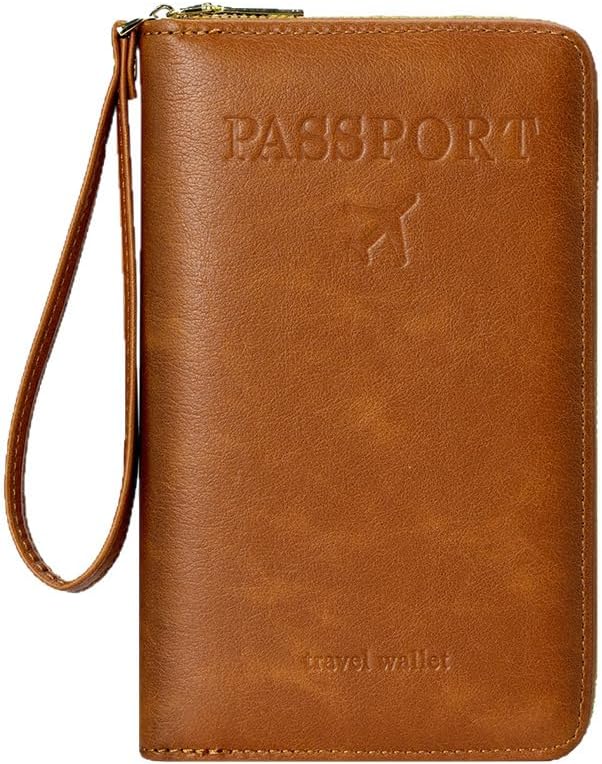 Leather Passport Cover Case with Wristlet, RFID Blocking Passport Holder Credit Cards Case for Men Women, Travel Accessories Organizer Pouch Bag, Brown