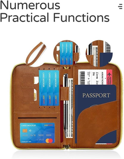 Leather Passport Cover Case with Wristlet, RFID Blocking Passport Holder Credit Cards Case for Men Women, Travel Accessories Organizer Pouch Bag, Brown