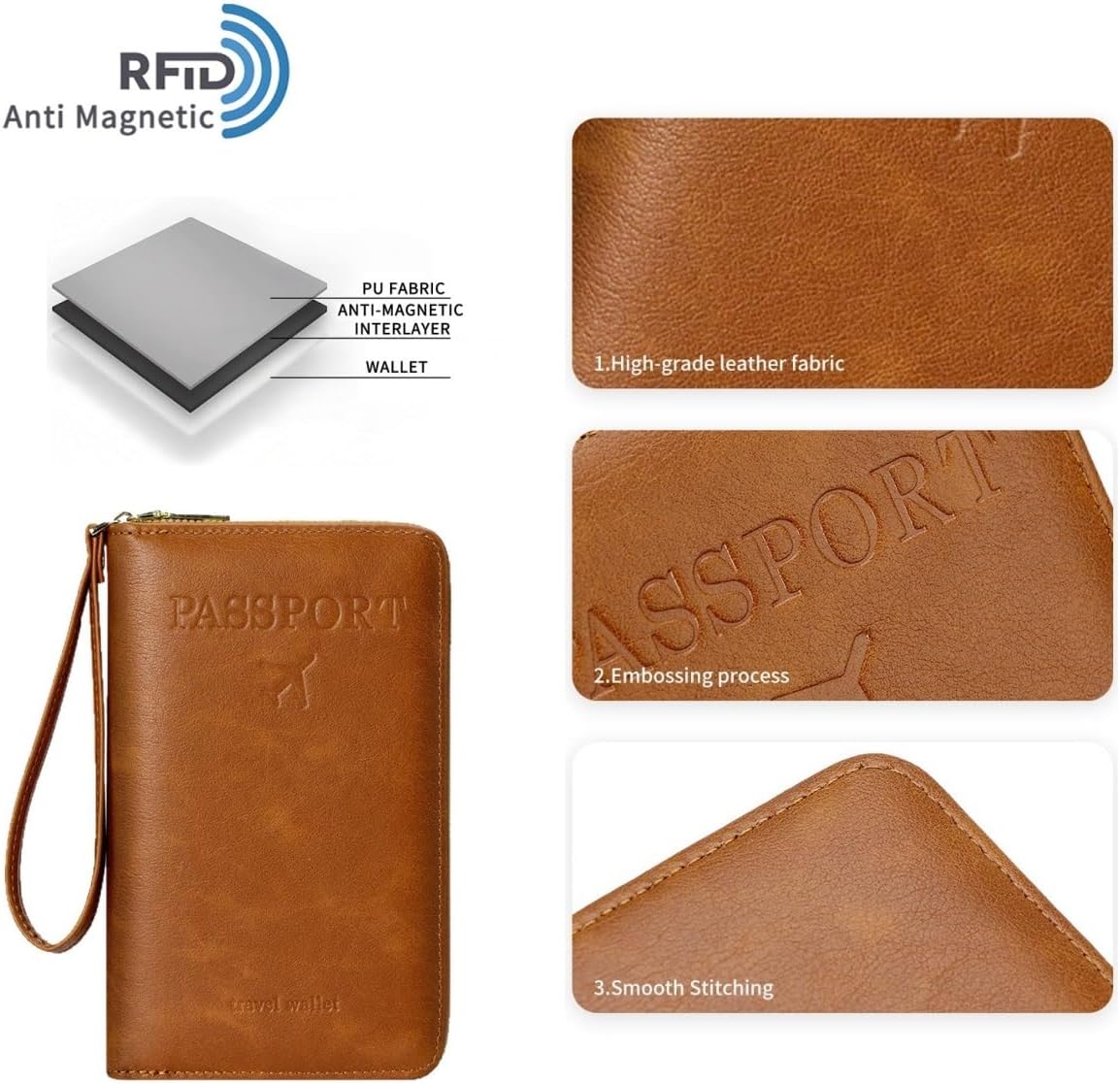 Leather Passport Cover Case with Wristlet, RFID Blocking Passport Holder Credit Cards Case for Men Women, Travel Accessories Organizer Pouch Bag, Brown
