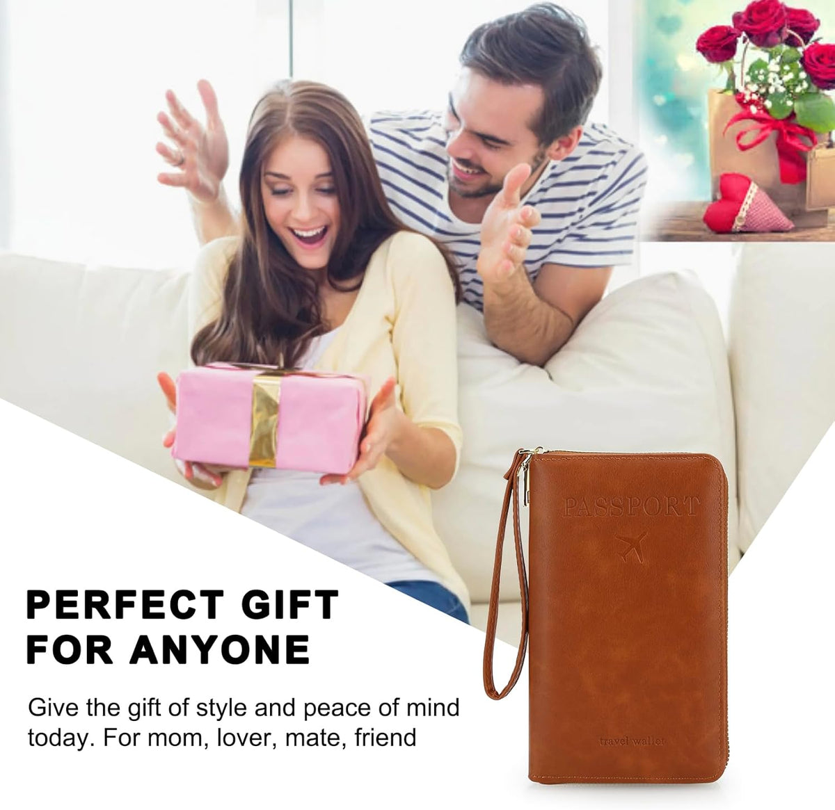 Leather Passport Cover Case with Wristlet, RFID Blocking Passport Holder Credit Cards Case for Men Women, Travel Accessories Organizer Pouch Bag, Brown