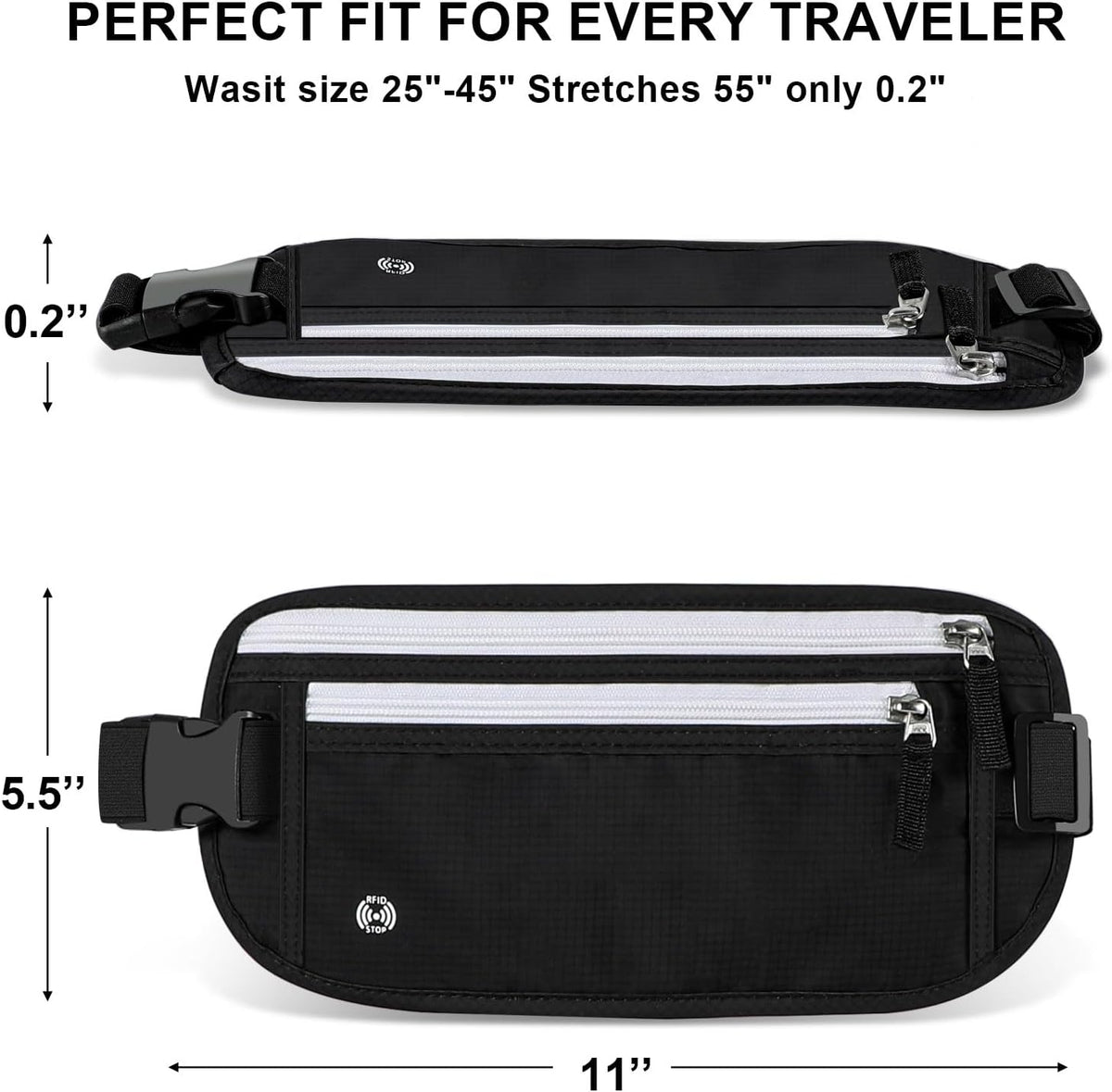 Travel Money Belt, Travel Waist Wallet with RFID Blocking & Hidden Fanny Pack for Men and Women, Hidden Passport Holder to Protect Credit Cards, Passports and Documents