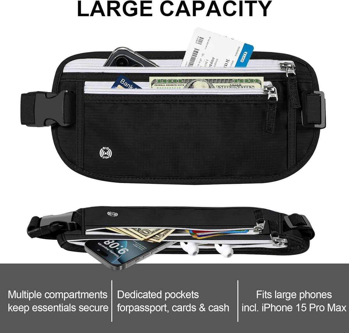 Travel Money Belt, Travel Waist Wallet with RFID Blocking & Hidden Fanny Pack for Men and Women, Hidden Passport Holder to Protect Credit Cards, Passports and Documents