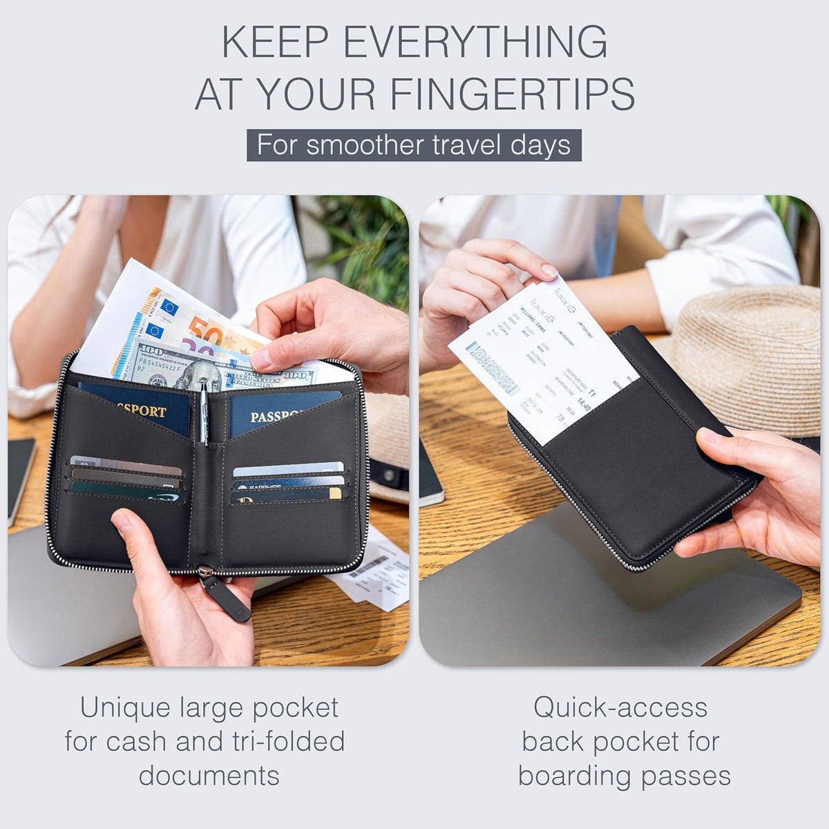 Full Grain Leather Passport Holder for 2 Passports - Dual Passport Holder and Travel Documents Organizer - RFID Travel Wallet for Couples - Camel
