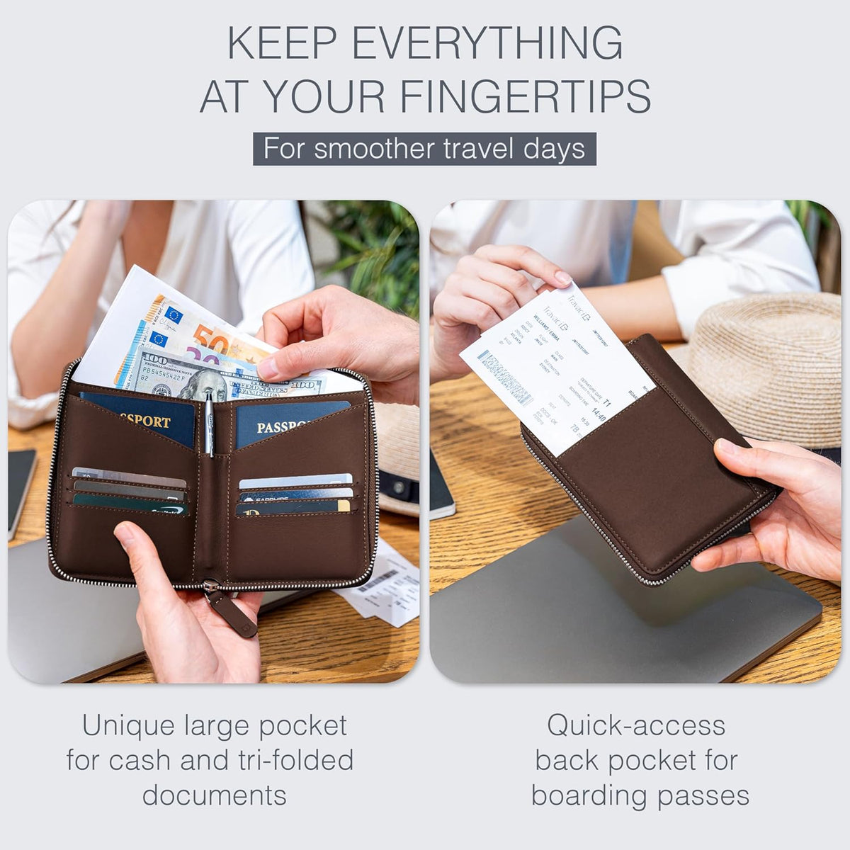 Full Grain Leather Passport Holder for 2 Passports - Dual Passport Holder and Travel Documents Organizer - RFID Travel Wallet for Couples - Camel
