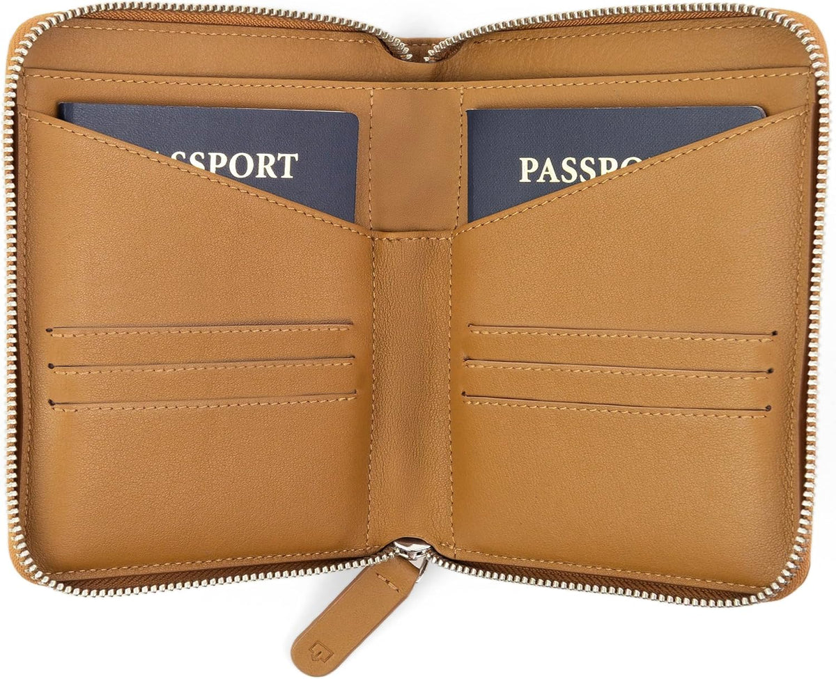 Full Grain Leather Passport Holder for 2 Passports - Dual Passport Holder and Travel Documents Organizer - RFID Travel Wallet for Couples - Camel