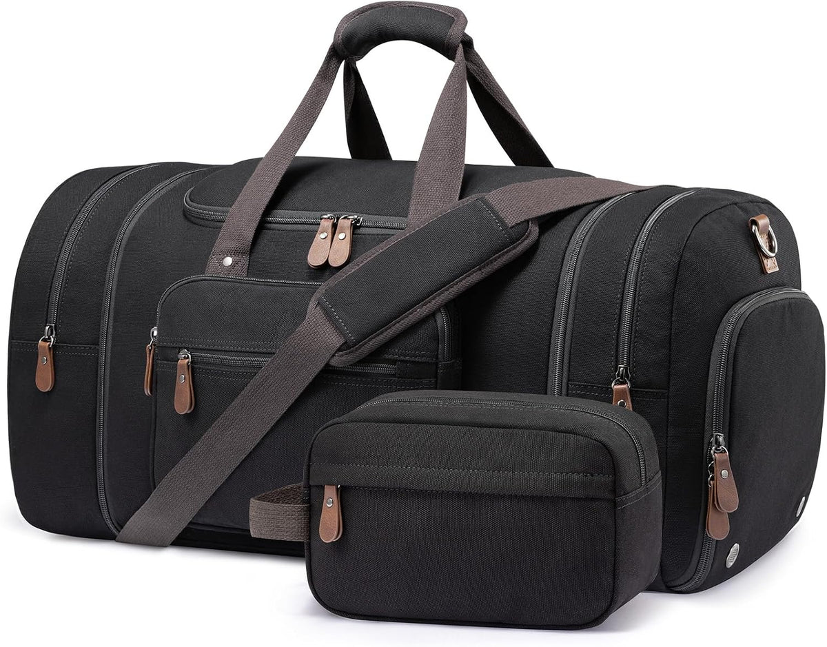 Canvas Travel Duffel Bag for Men, Weekend Overnight Bag with Shoe Compartment and Toiletry Bag, Carry-On for Airplanes, Dark Grey