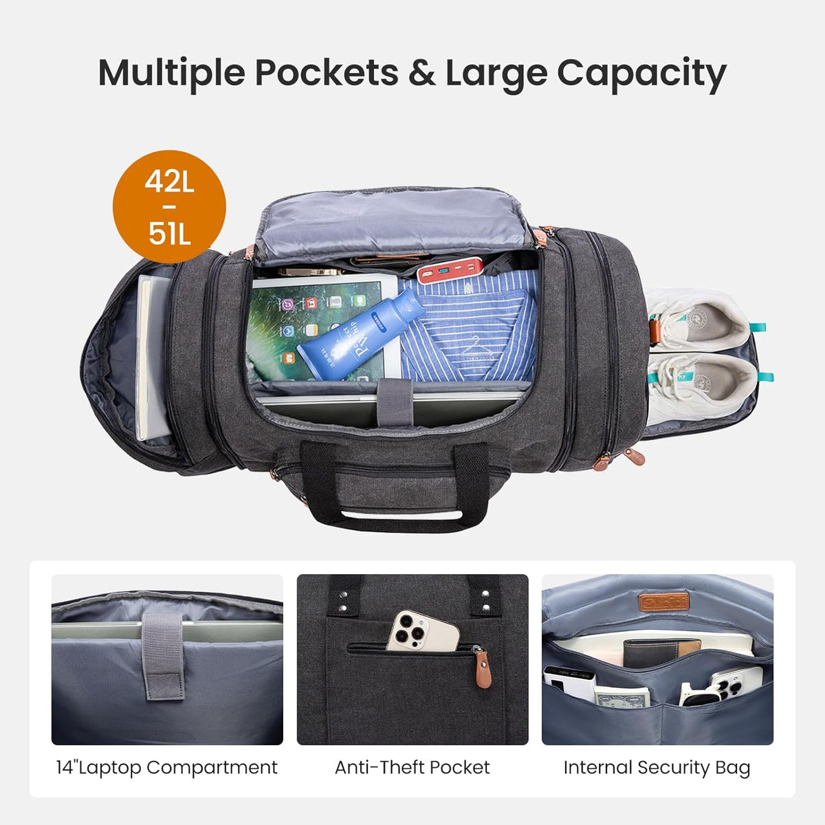 Canvas Travel Duffel Bag for Men, Weekend Overnight Bag with Shoe Compartment and Toiletry Bag, Carry-On for Airplanes, Dark Grey