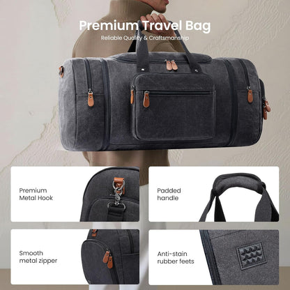 Canvas Travel Duffel Bag for Men, Weekend Overnight Bag with Shoe Compartment and Toiletry Bag, Carry-On for Airplanes, Dark Grey