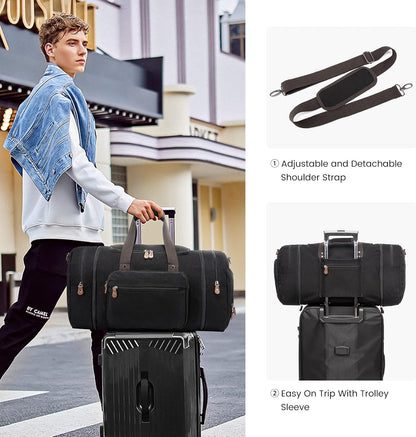 Canvas Travel Duffel Bag for Men, Weekend Overnight Bag with Shoe Compartment and Toiletry Bag, Carry-On for Airplanes, Dark Grey