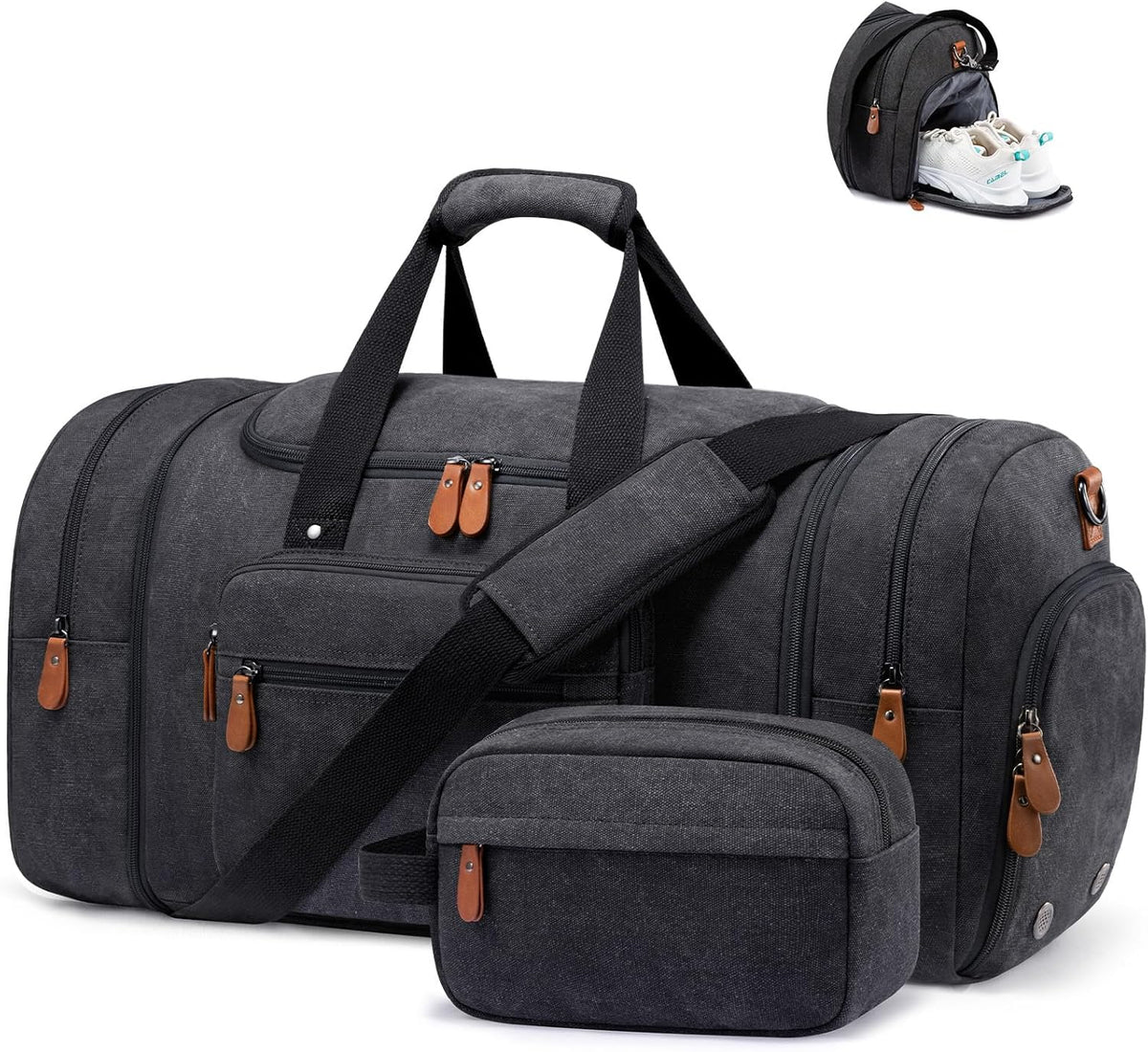 Canvas Travel Duffel Bag for Men, Weekend Overnight Bag with Shoe Compartment and Toiletry Bag, Carry-On for Airplanes, Dark Grey