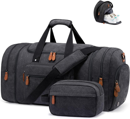 Canvas Travel Duffel Bag for Men, Weekend Overnight Bag with Shoe Compartment and Toiletry Bag, Carry-On for Airplanes, Dark Grey